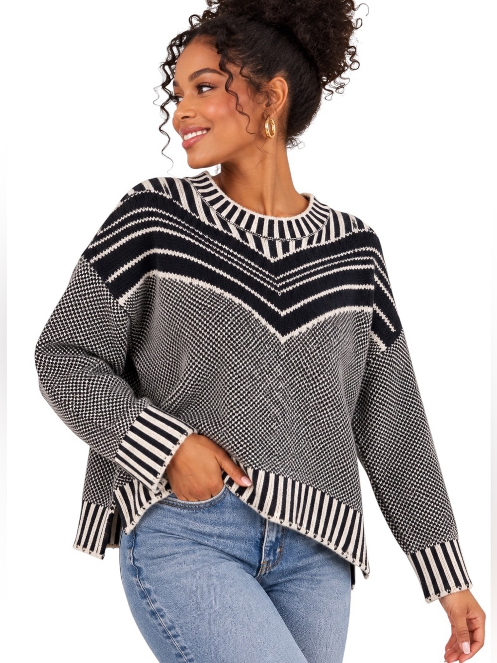 BOHME Black White Fair Isle Knit Sweater Medium Side Slit Pullover